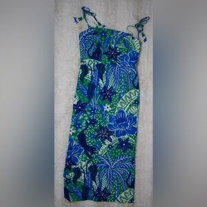 Rachel Zoe Smocked Midi Dress XS Green Blue Tropical Print Tie Straps NWT
